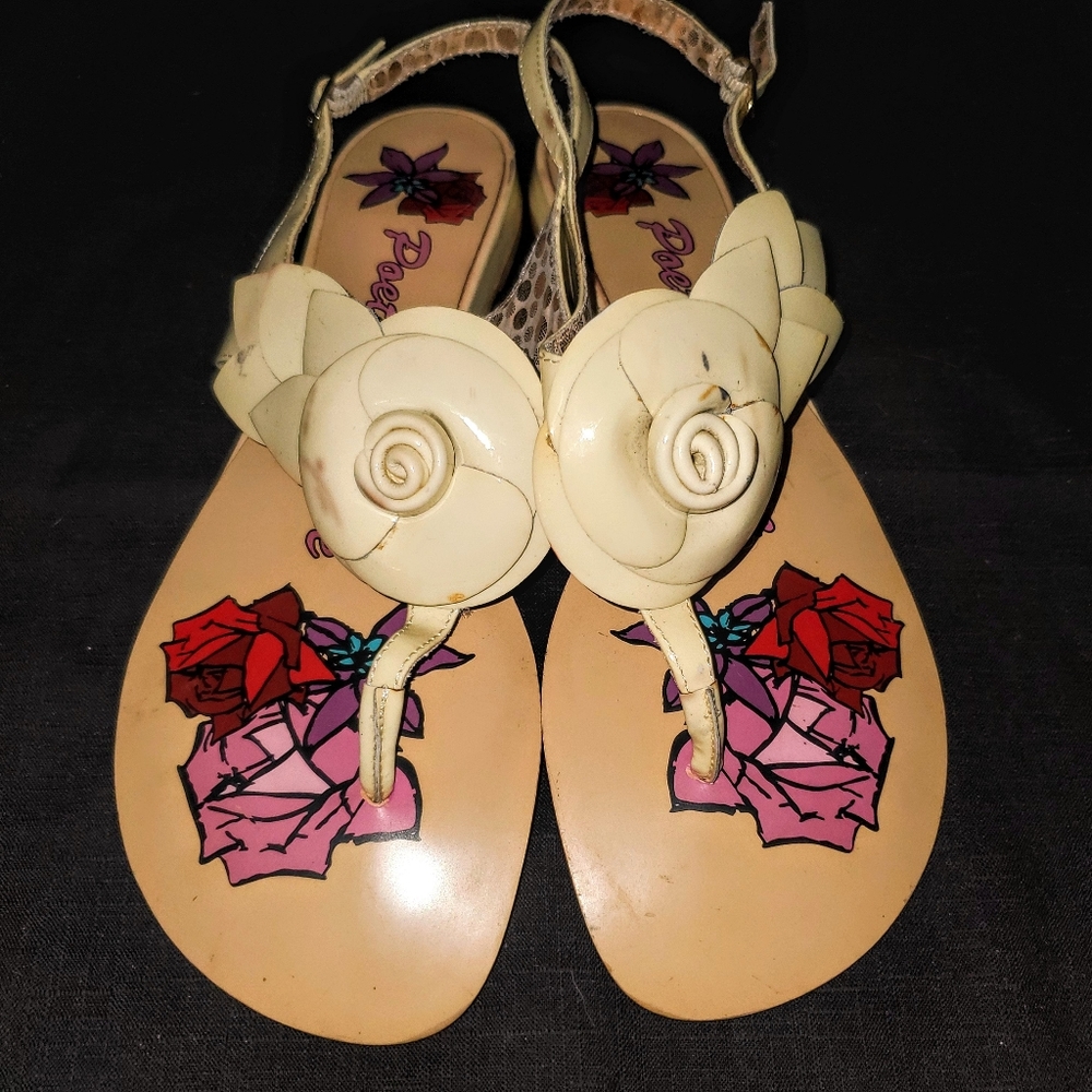 Poetic License "My Haven" Nude Beige Flower Leather Slingback Sandals Flat Shoes - Picture 14 of 15